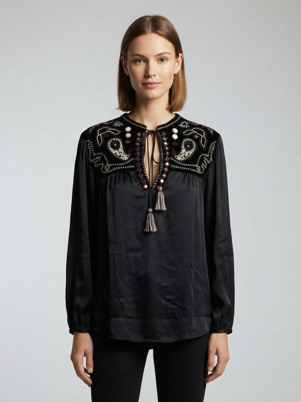 Zara NAVY BLUE Embroidered Peasant Blouse with Tassel Tie Sz XL